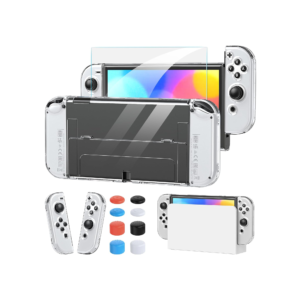 Clear Dockable Nintendo Switch OLED Case, Glass Screen Protector and 8 Thumb Grip Caps